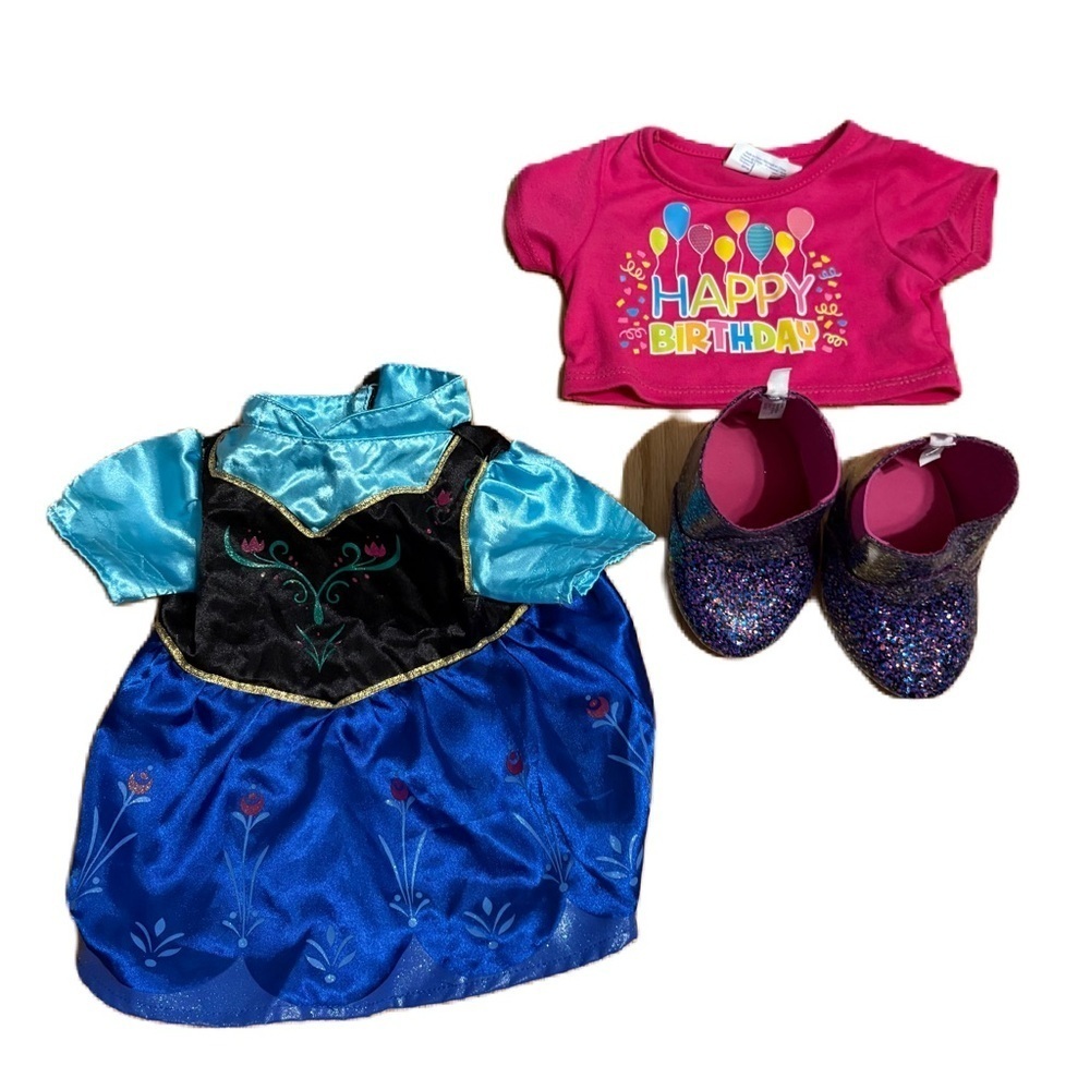 Build a Bear Anna Frozen Dress Happy Birthday T-shirt Heel Boots Shoes Bundle